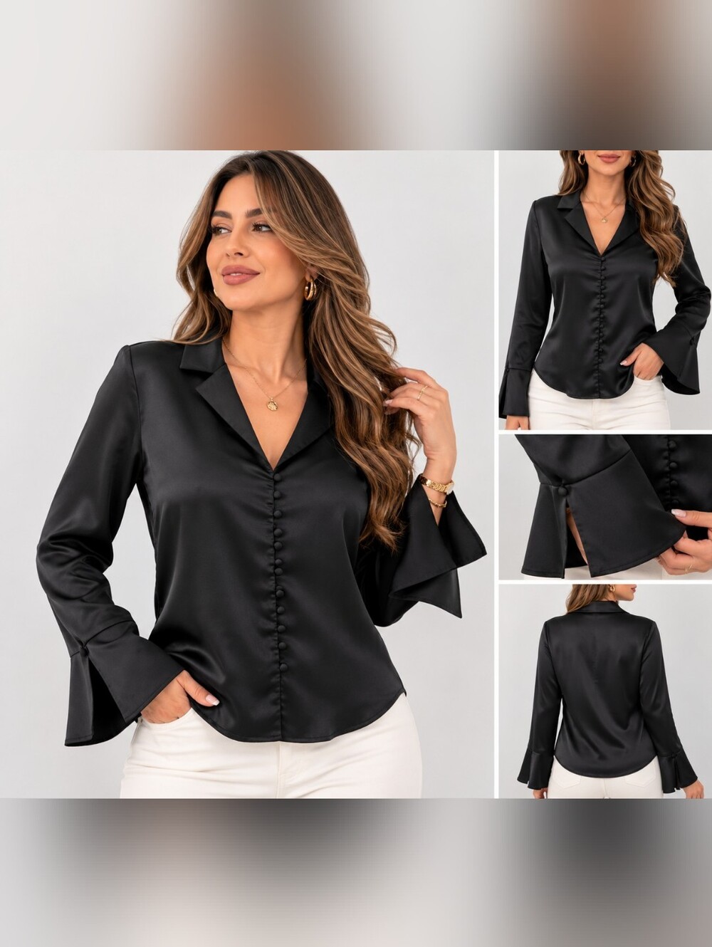 Nwt RIHOAS Black Satin Button-Front Blouse with Flared Cuffs Med
